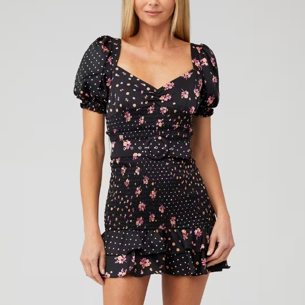 FOR LOVE AND LEMONS Camellia Mini Dress Black Pink Floral Ruched With Belt